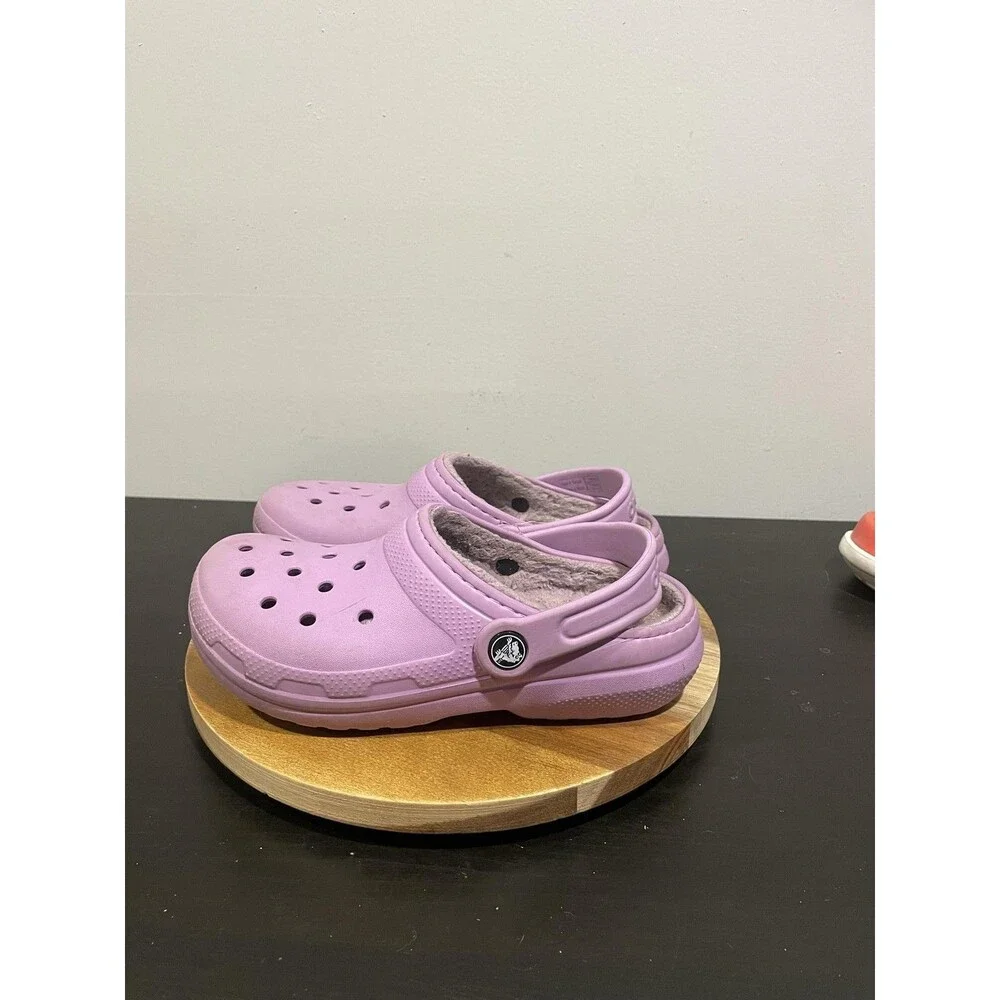 Crocs Classic Lined Clog Girls 2 Purple Faux Fur Warm Slip On Casual Winter